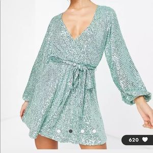 ASOS DESIGN wrap mini dress with volume sleeve in mint sequin